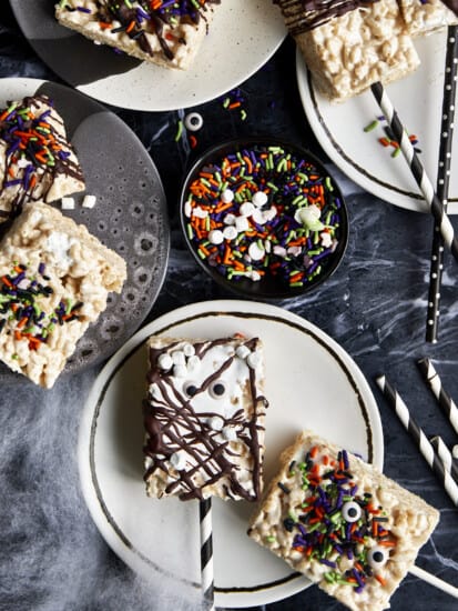 Overhead image of Halloween rice krispie treats.