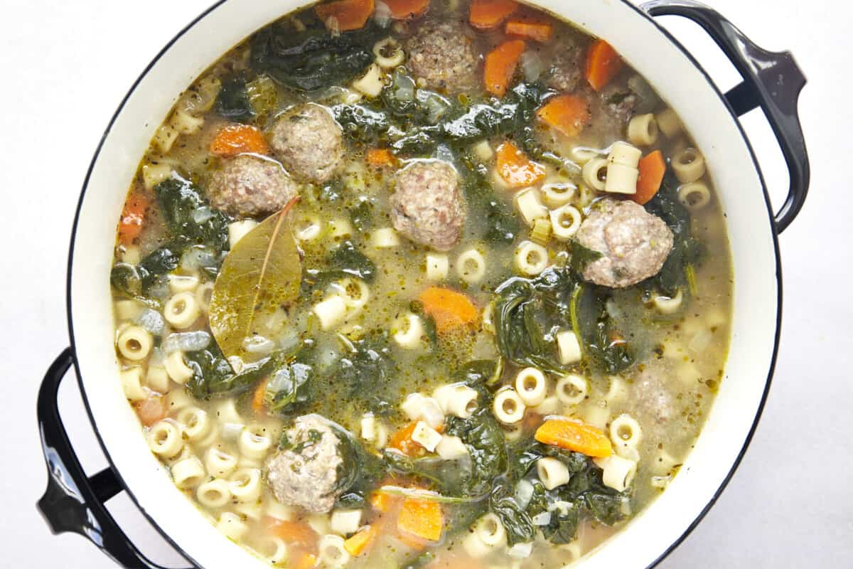 A pot full of Italian wedding soup. 