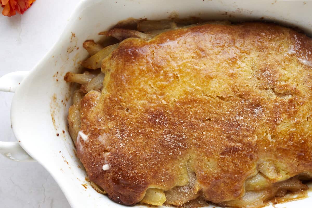 Overhead image of baked pear cobbler. 