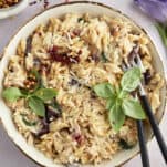 A bowl of spinach and sun-dried tomato boursin orzo bake.