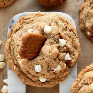 Overhead image of a white chocolate chip Biscoff cookie.