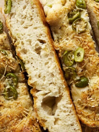 Slices of olive focaccia bread,