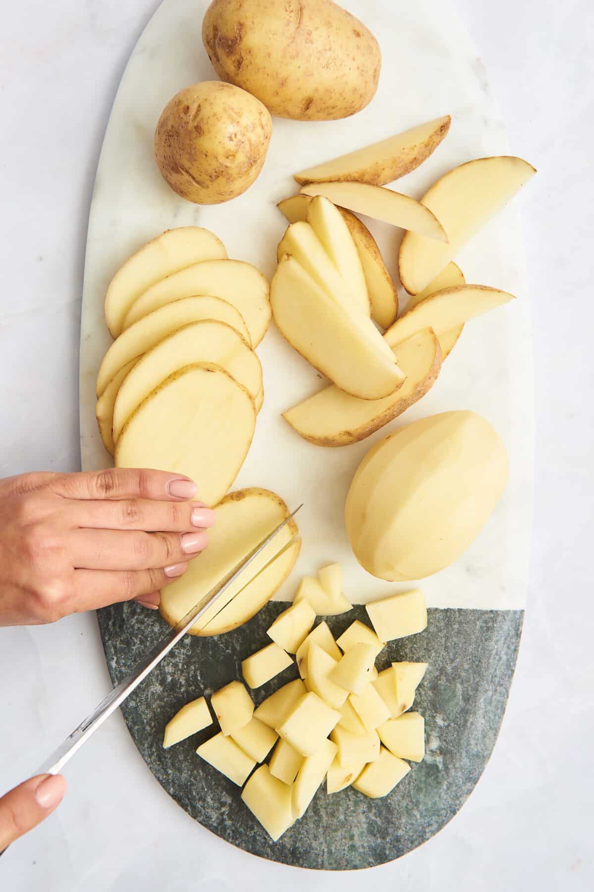 Whole potatoes, skinned potatoes, potato slices, cubes, and wedges. 