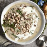A bowl of creamy mushroom soup topped with mushrooms and thyme.
