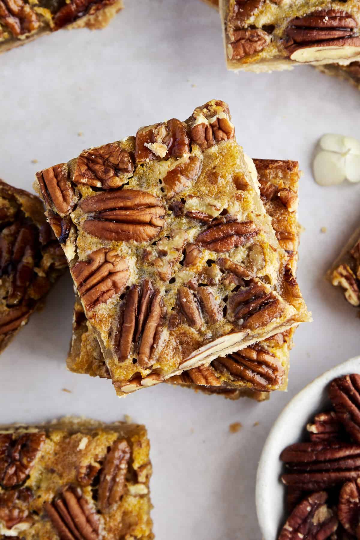 A stack of easy pecan pie bars. 