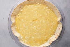 Whisked egg and cottage cheese mixture over a tortilla.