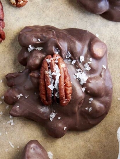 A slow cooker chocolate caramel pecan cluster.