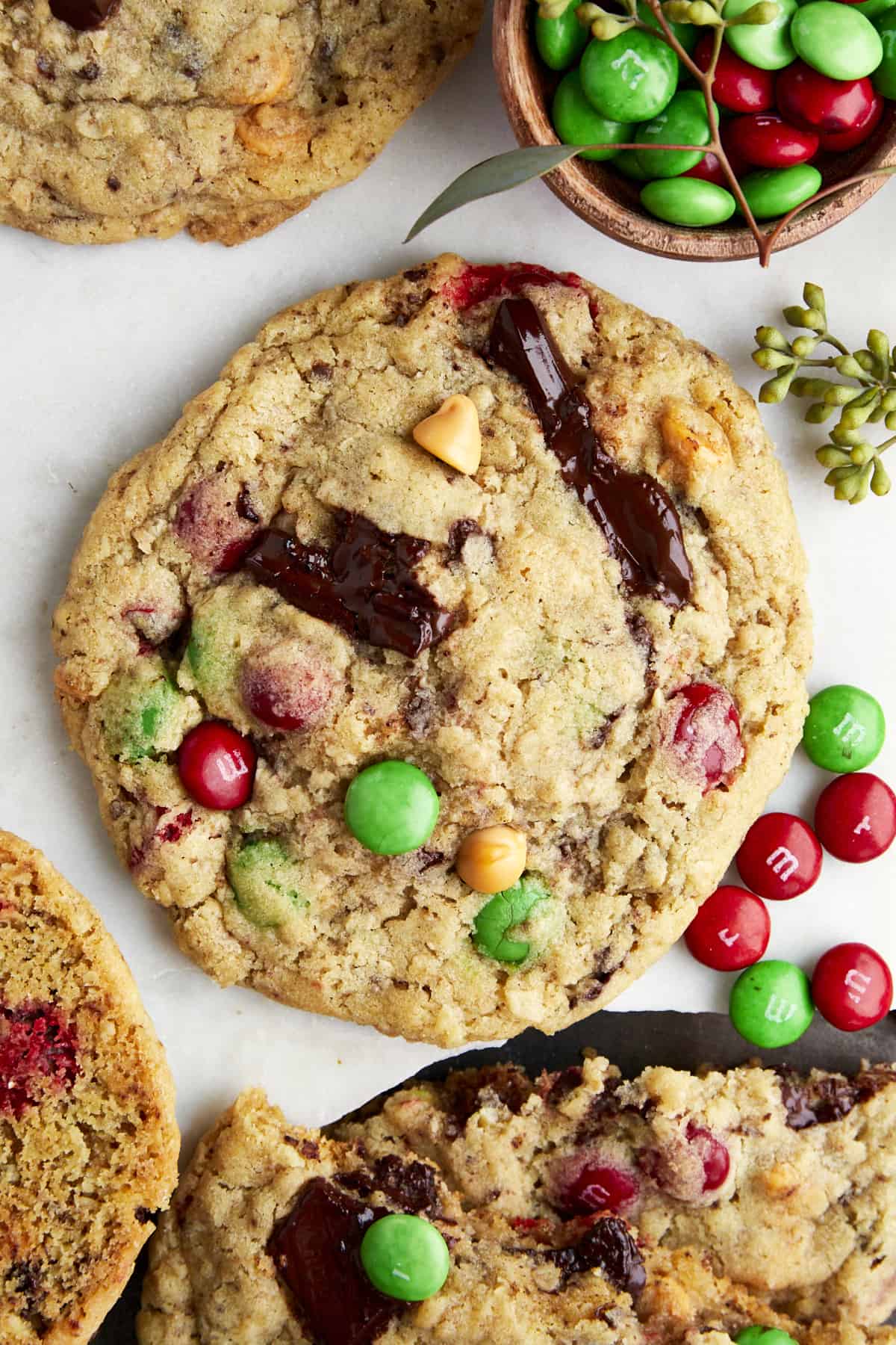 A large Christmas monster cookie. 