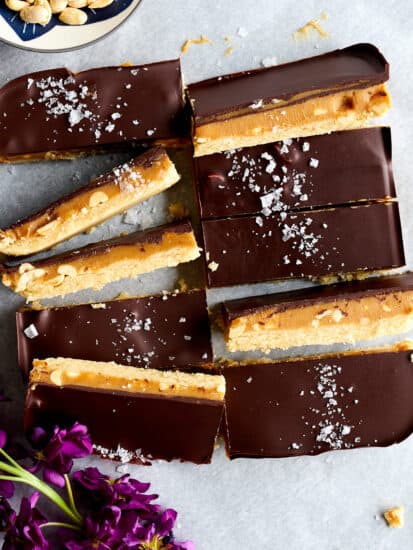Slices of homemade Snickers bars.