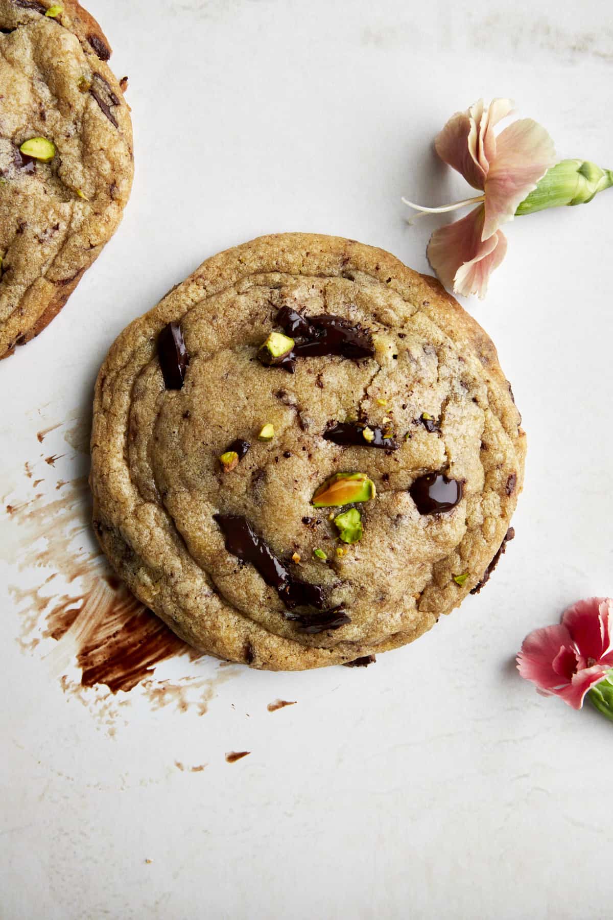 A brown butter pistachio chocolate chip cookie. 