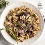 A bowl of slow cooker beef stroganoff.
