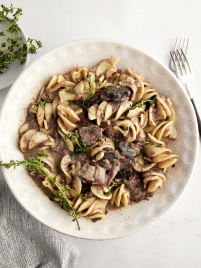 A bowl of slow cooker beef stroganoff.