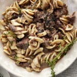 A bowl of slow cooker beef stroganoff.