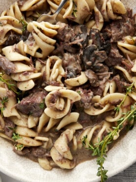 A bowl of slow cooker beef stroganoff.