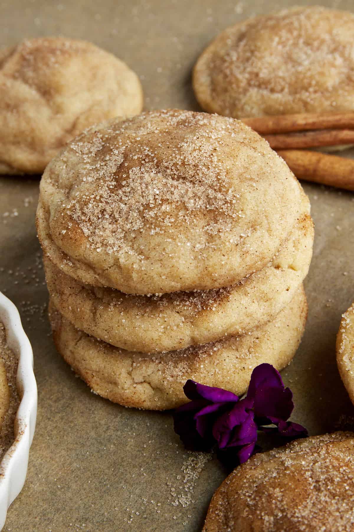 A stack of three Snickerdoodle cookies. 
