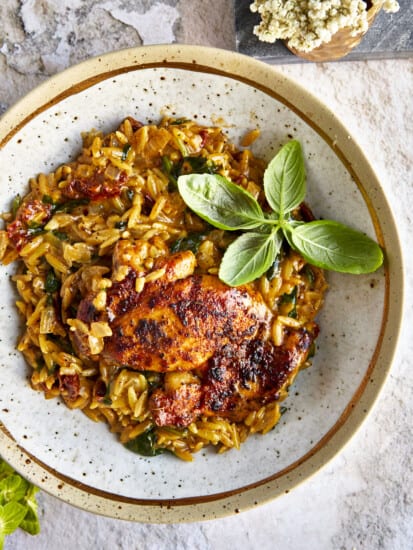 A bowl of chicken and orzo topped with parsley.