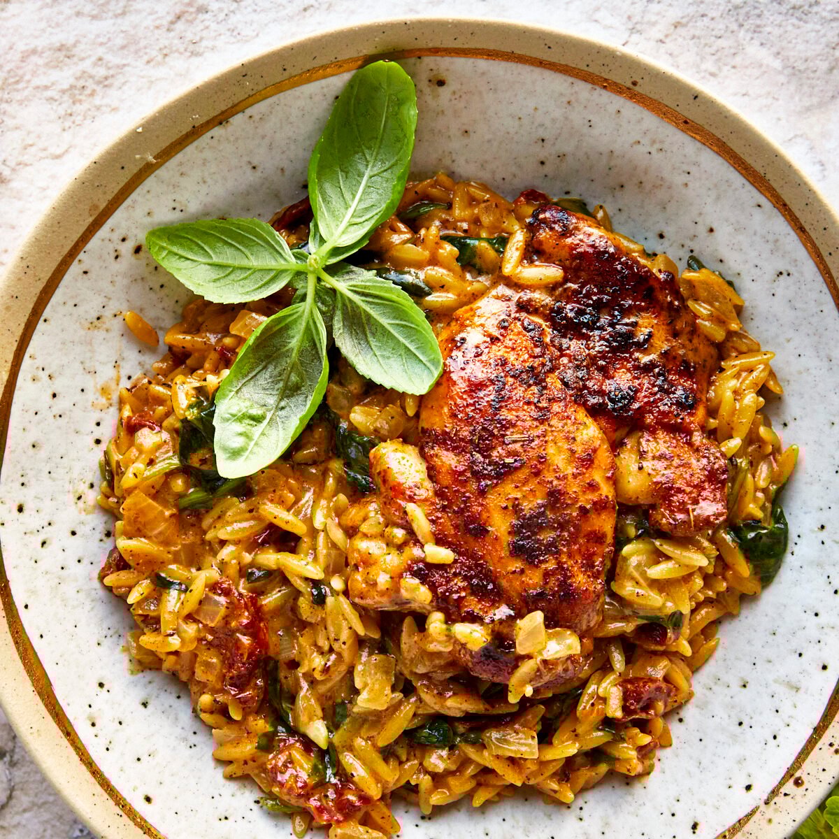 A bowl of chicken and orzo topped with parsley.