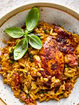 A bowl of chicken and orzo topped with parsley.