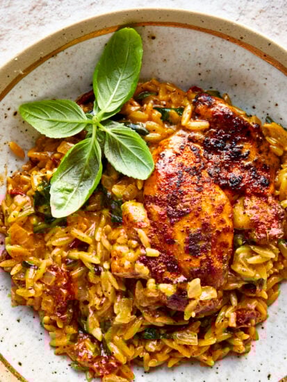 A bowl of chicken and orzo topped with parsley.