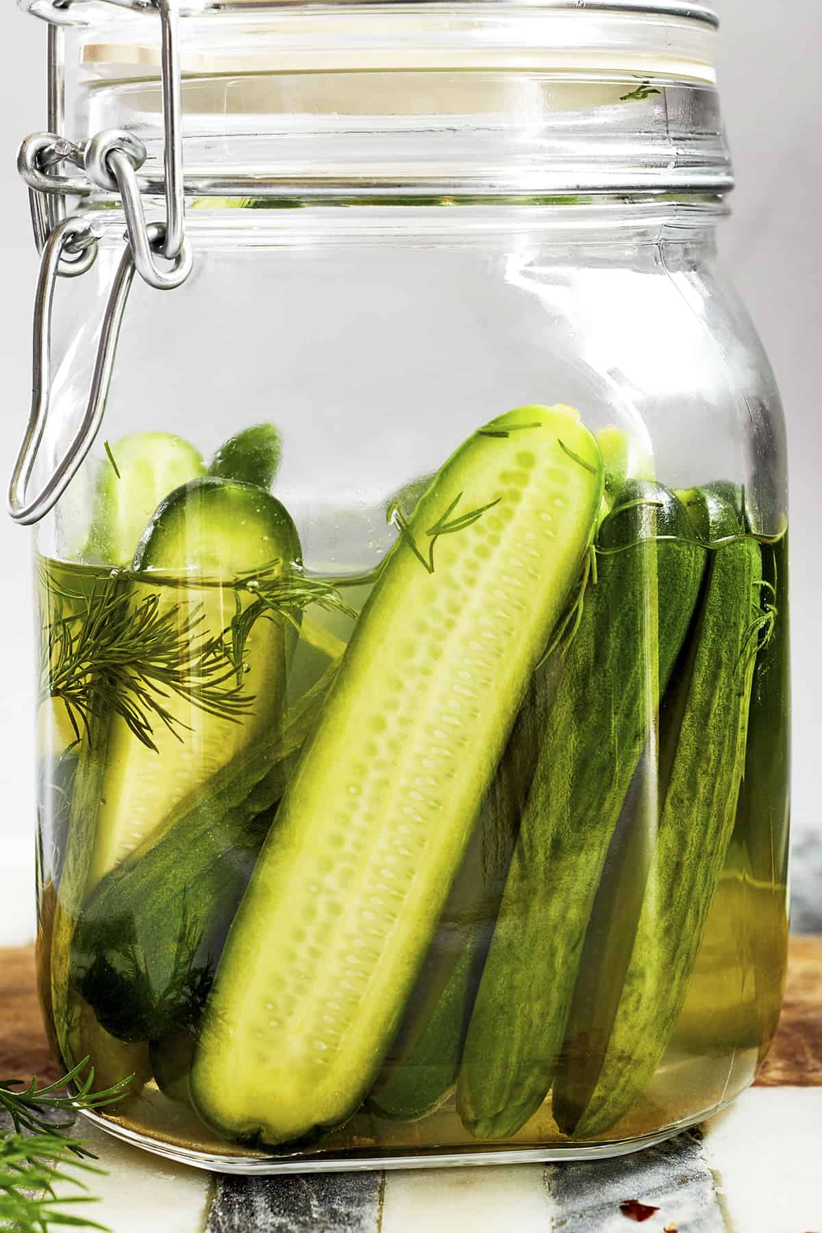 A jar of marinated cucumbers. 