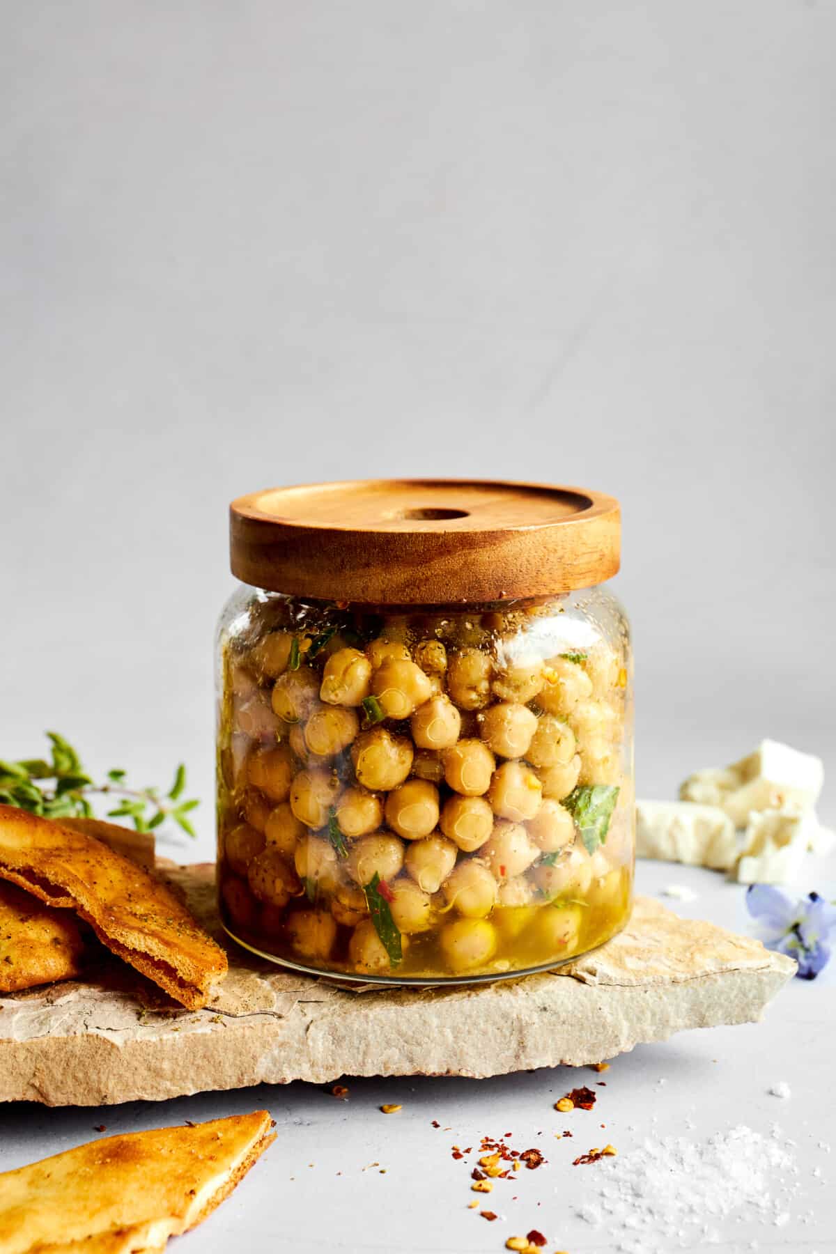 A jar of marinated chickpeas.