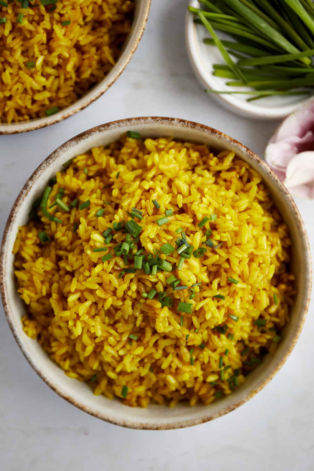 A bowl of turmeric rice.