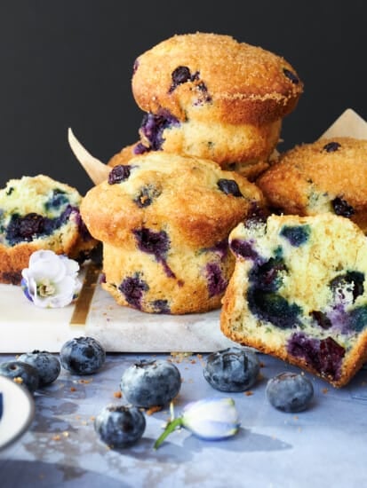 A pile of homemade Starbucks blueberry muffins.