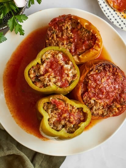 Slow cooker Mediterranean stuffed peppers on a plate.