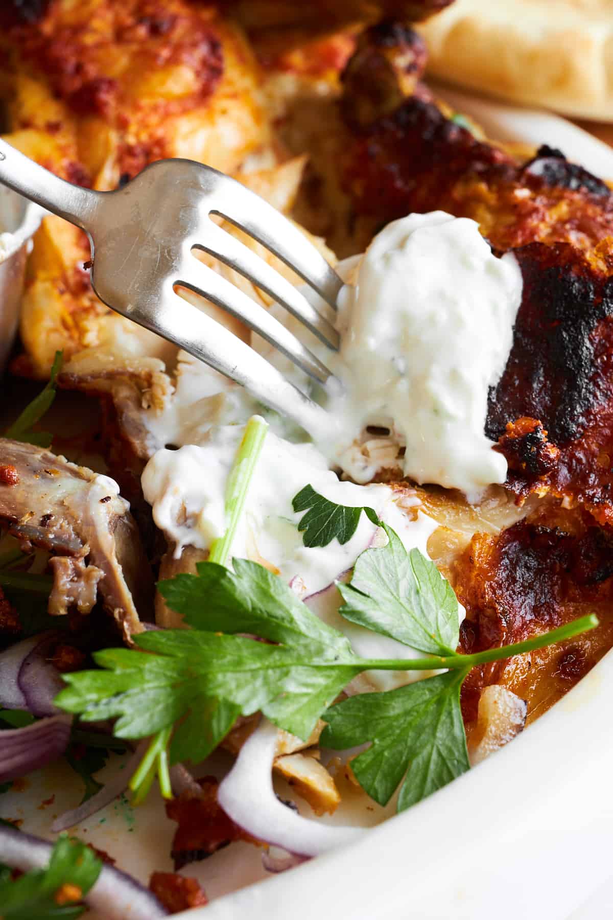 A fork holding a bite of chicken tikka dipped in tzatziki. 