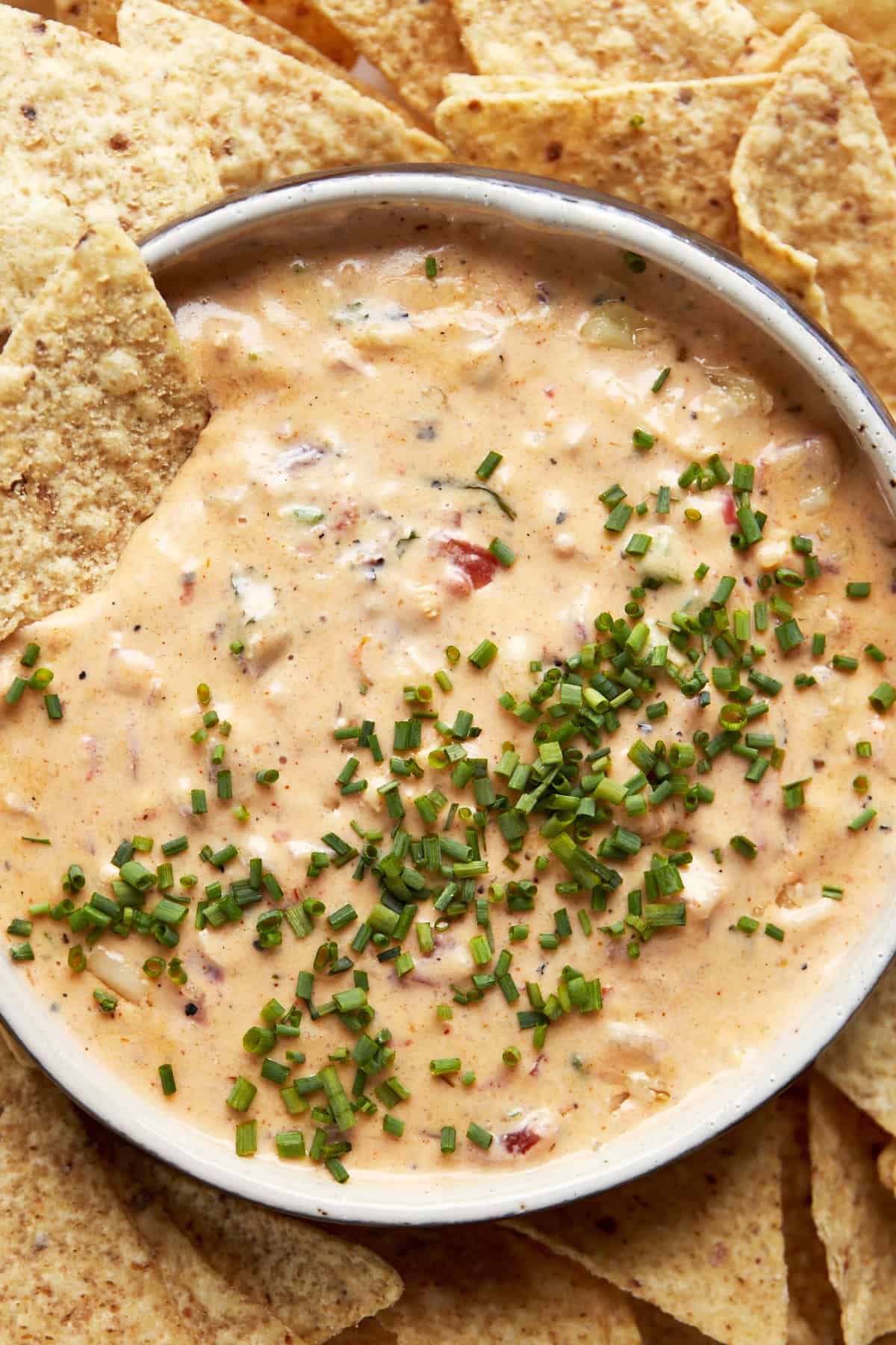 A bowl of chicken queso dip. 