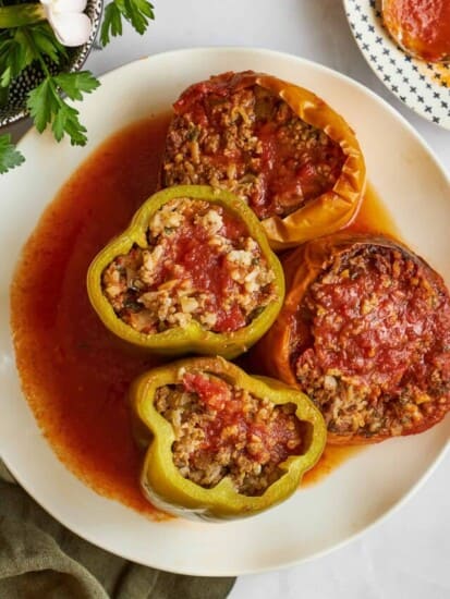 Slow cooker Mediterranean stuffed peppers on a plate.