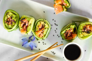 Smoked salmon cucumber roll pieces.