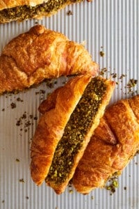 Croissants filled with a chocolate pistachio mixture.