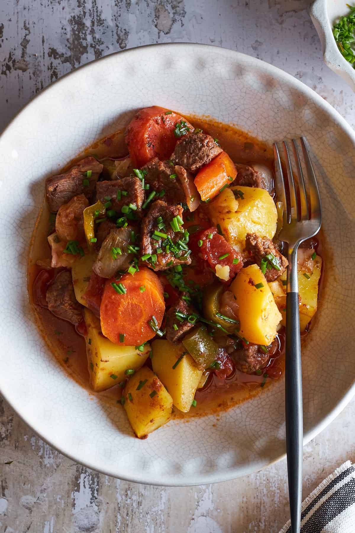 A bowl of easy baked beef stew.