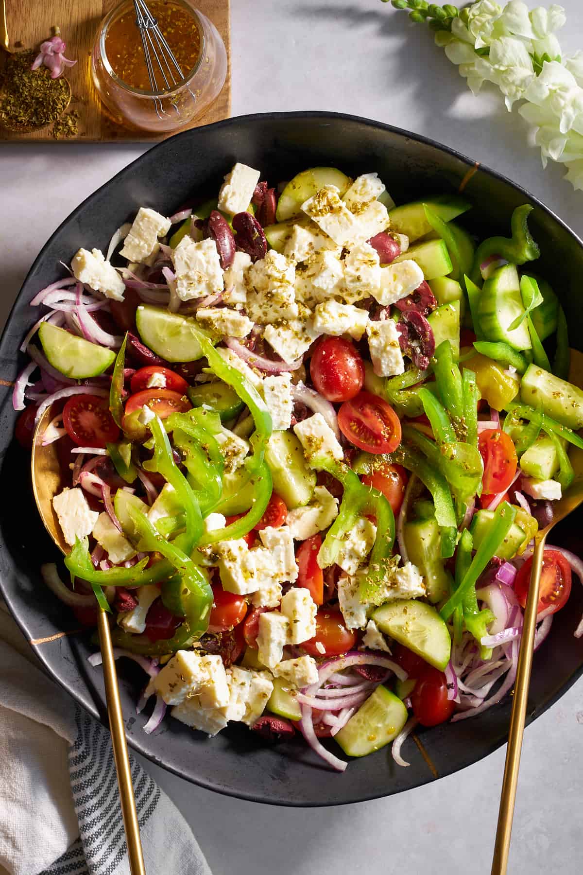 A bowl of Greek salad.