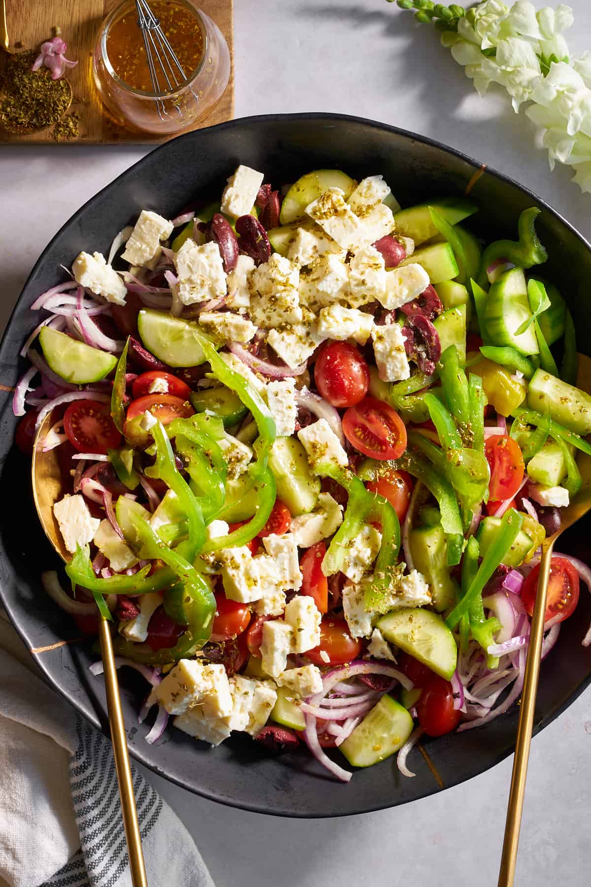 A bowl of Greek salad. 