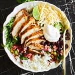 A copycat chipotle chicken burrito bowl.