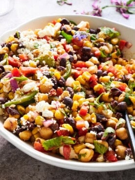 A bowl of black bean and corn salad.