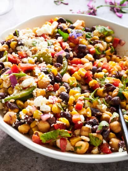 A bowl of black bean and corn salad.