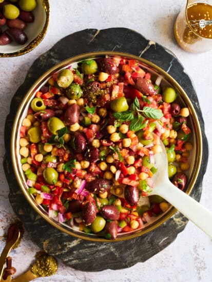A bowl of olive salad.