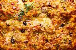 Baked sheet pan pizza.