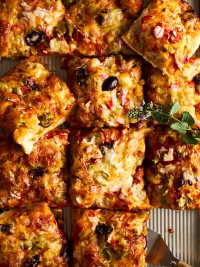 Dinner roll sheet pan pizza.