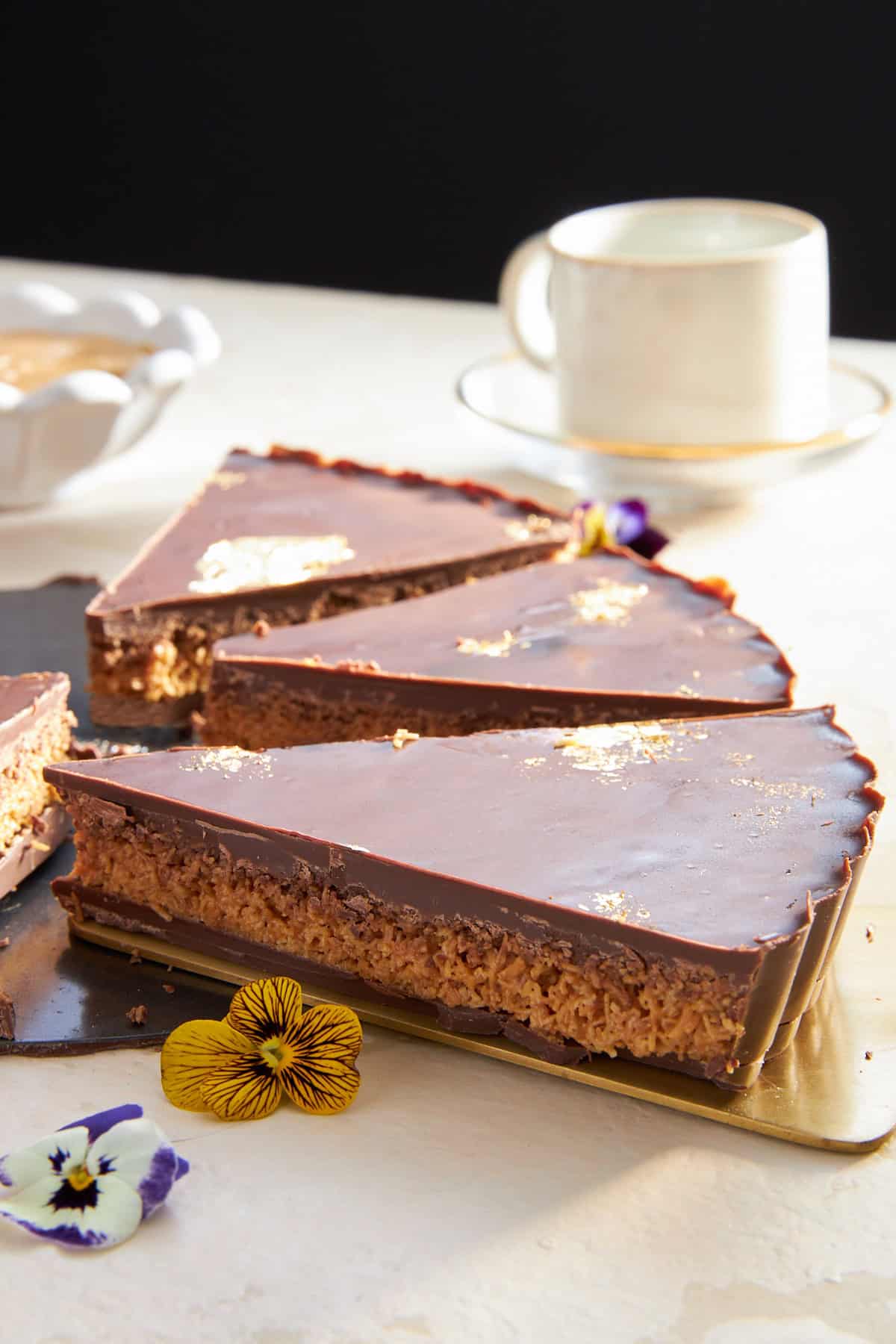 Three slices of chocolate peanut butter kunafa.