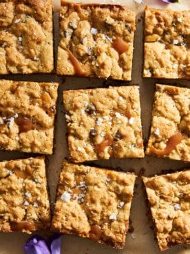 Sliced caramel chocolate chip bars.