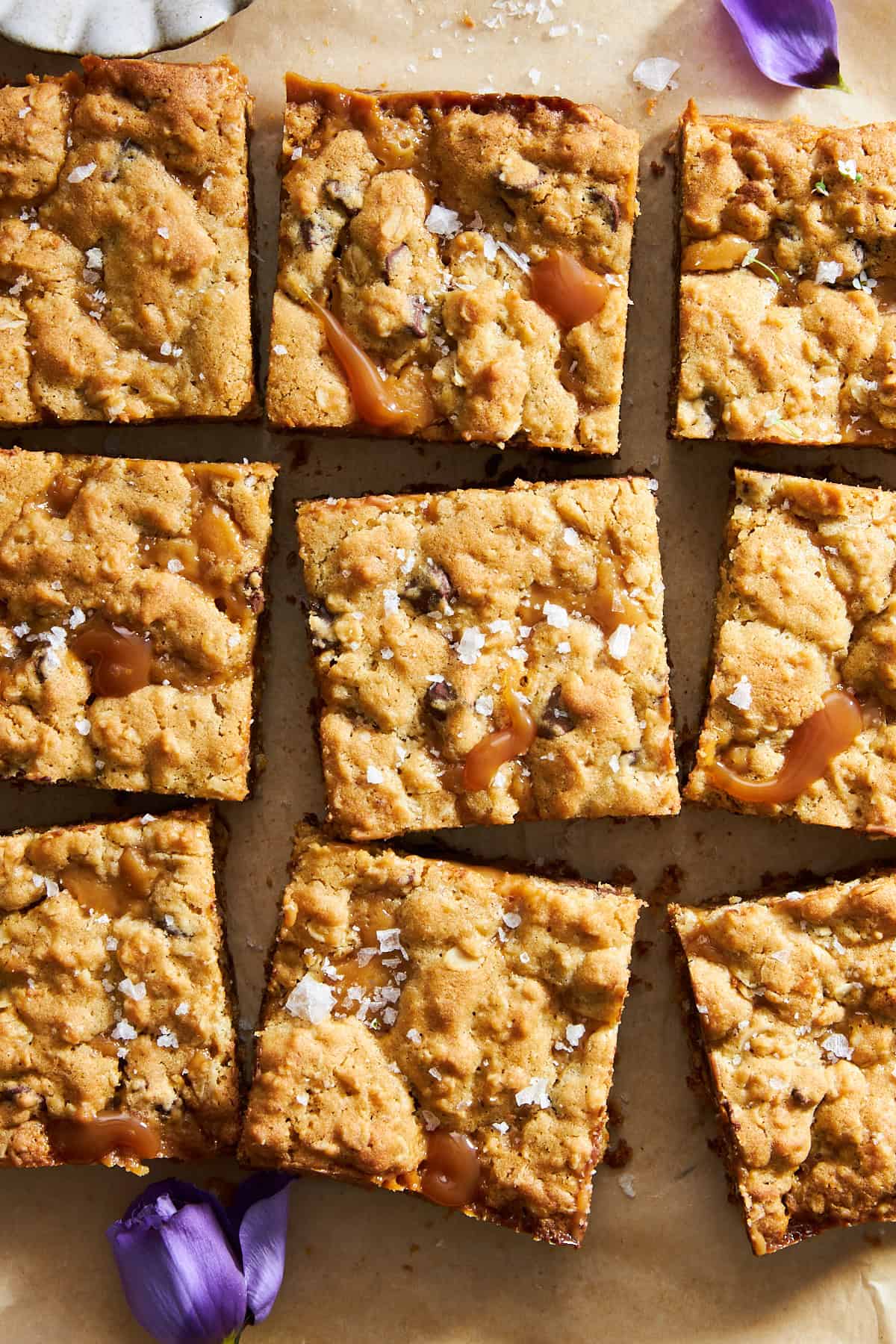 Sliced chocolate chip caramel bars topped with flakey sea salt.