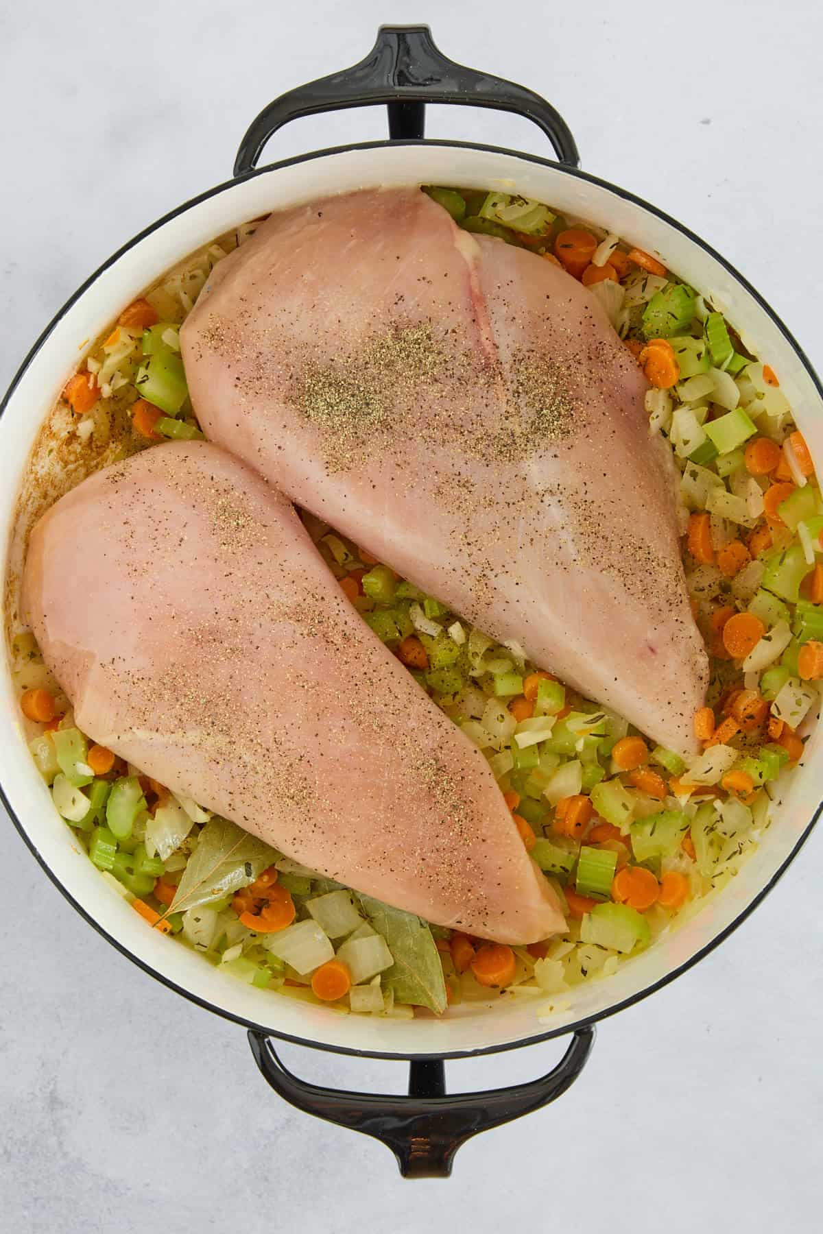 Carrots, onions, celery, garlic, bay leaves, seasonings, and two raw chicken breasts in a pot.