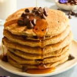 A stack of chocolate chip protein pancakes.