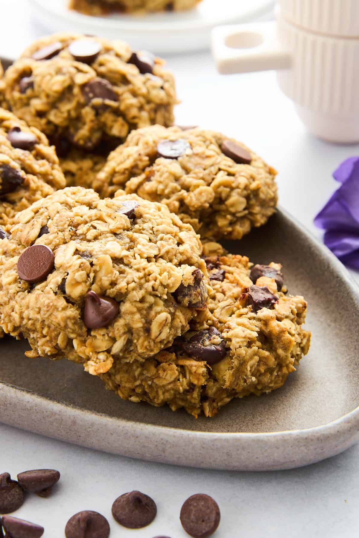 A plate of chocolate chip banana oatmeal cookies with nuts.