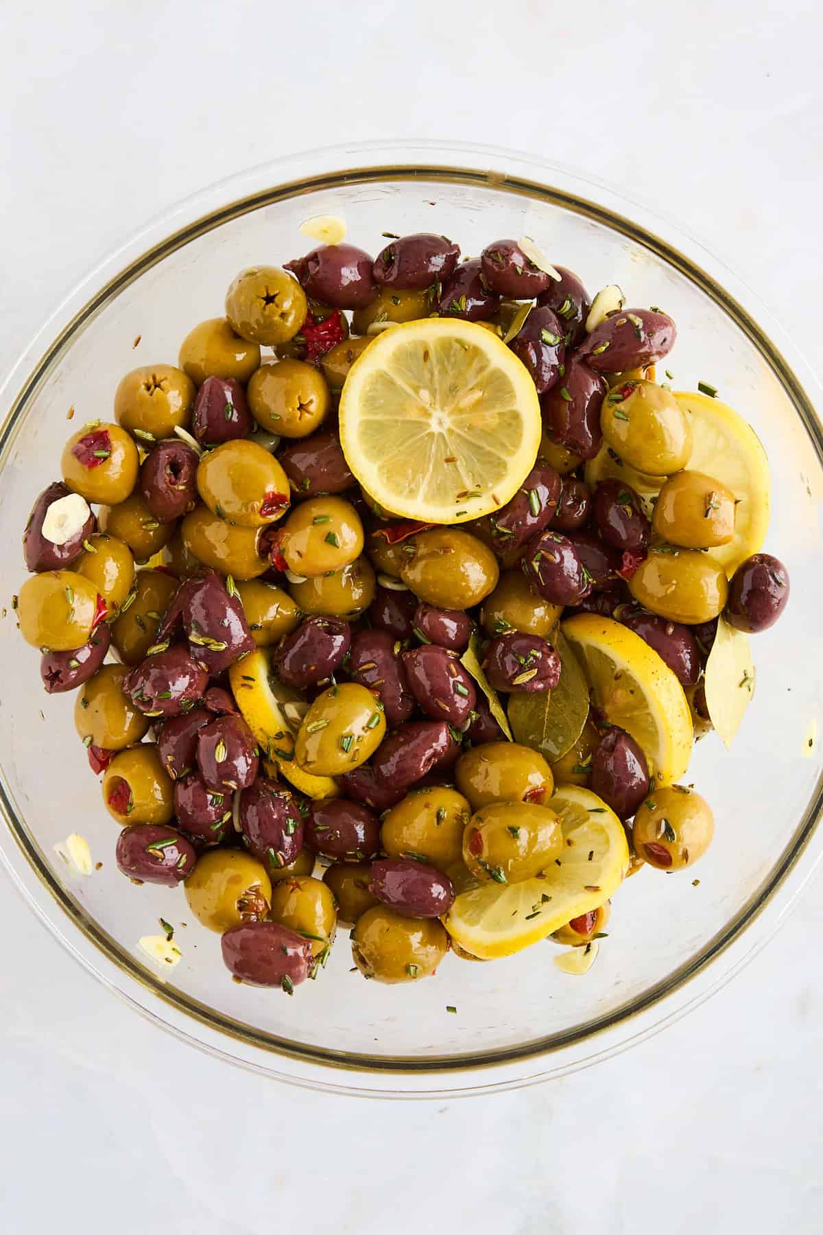 A bowl of marinated olives.