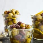 Jars of marinated olives.